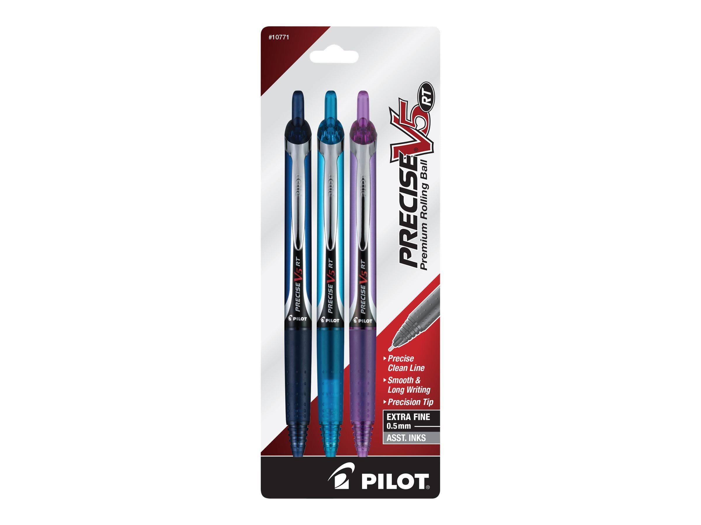 Pilot Precise V5 Retractable Rolling Ball with Liquid Ink in Navy, Turquoise, and Purple Ink