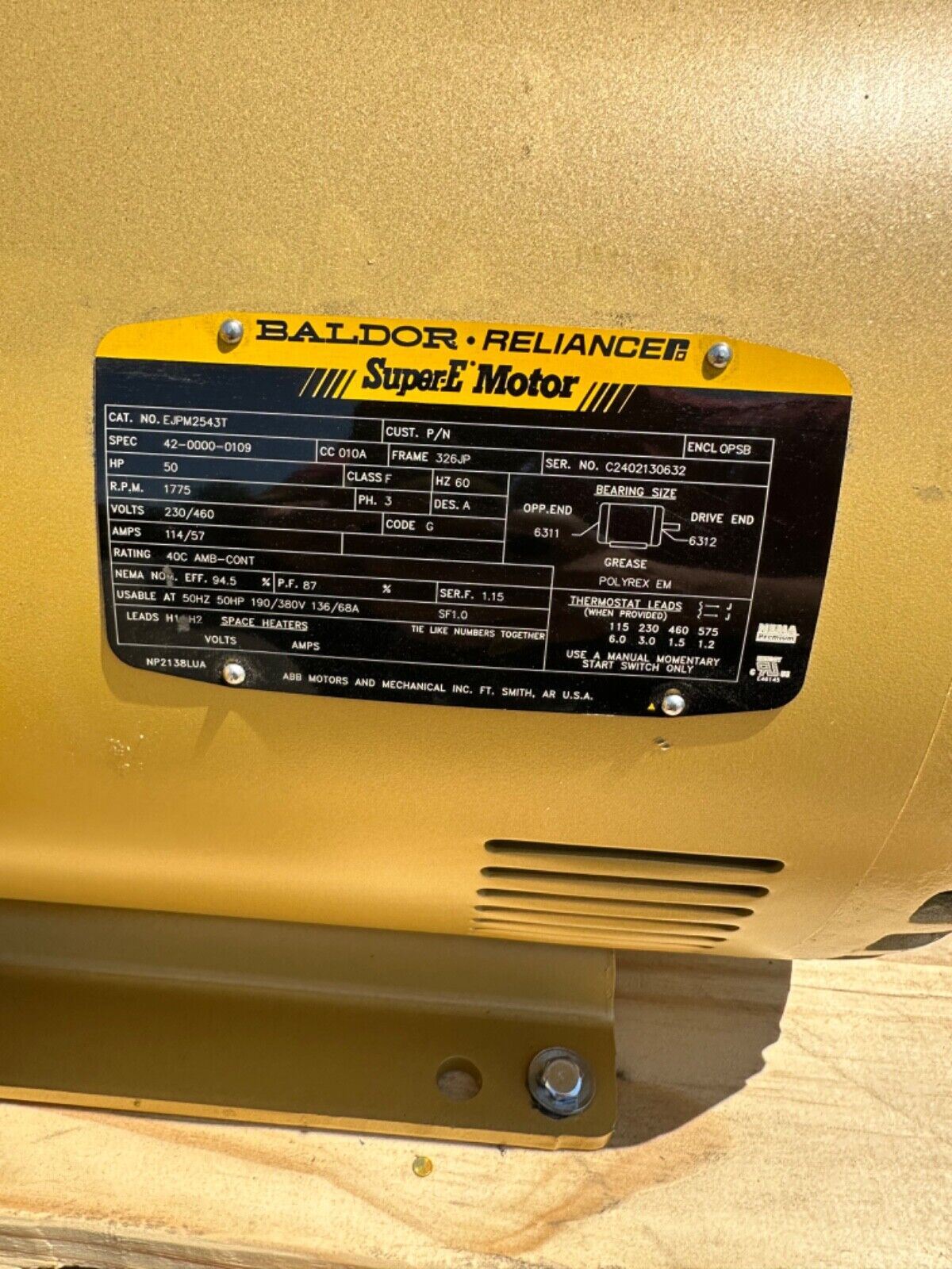 New Baldor-Reliance Motor EM2543T, 50HP, 1775RPM, 3PH, 60HZ, 326T