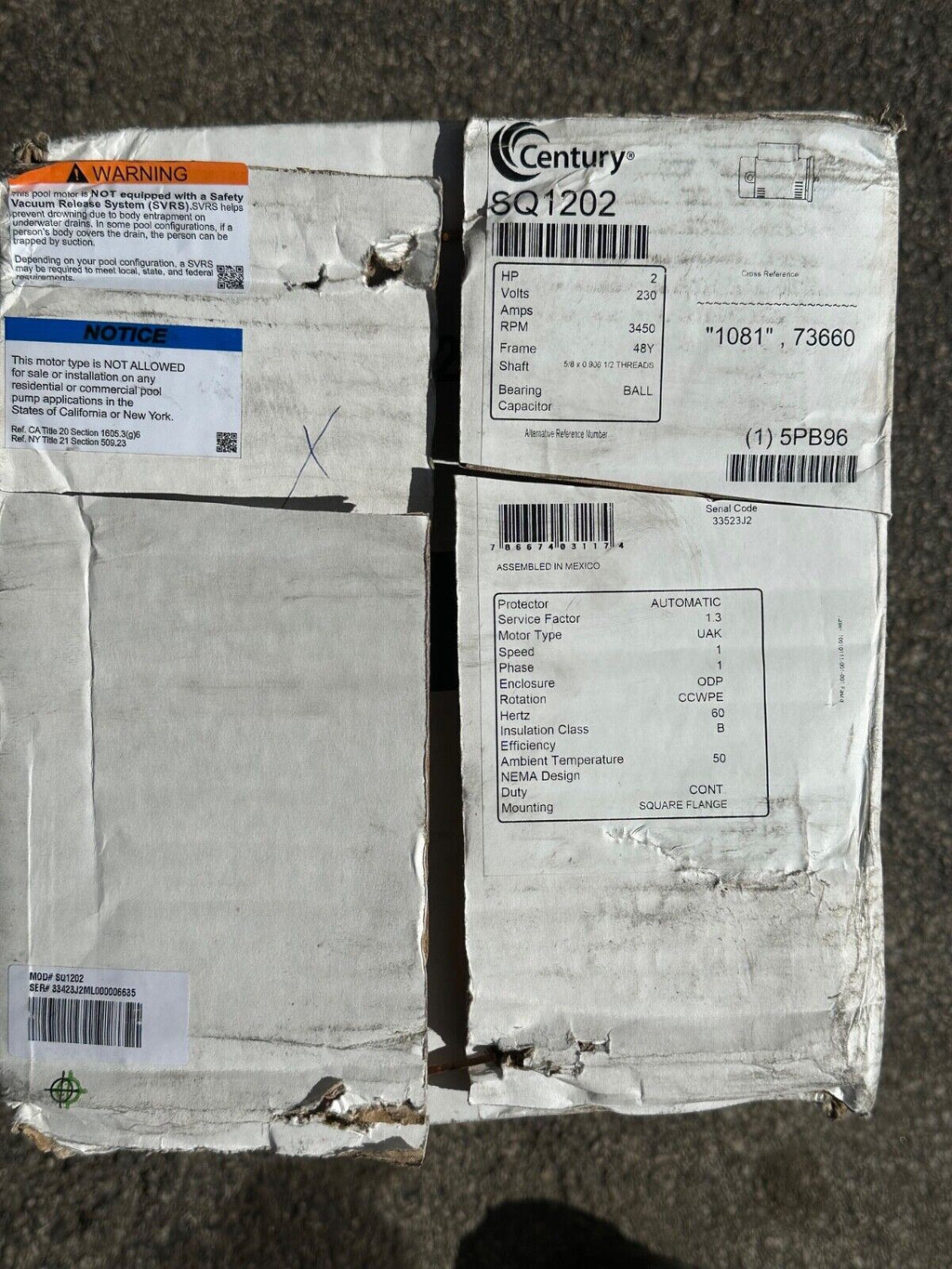 2 HP 3450 RPM 48Y Frame Square Flange 230V Pool Motor Century # SQ1202