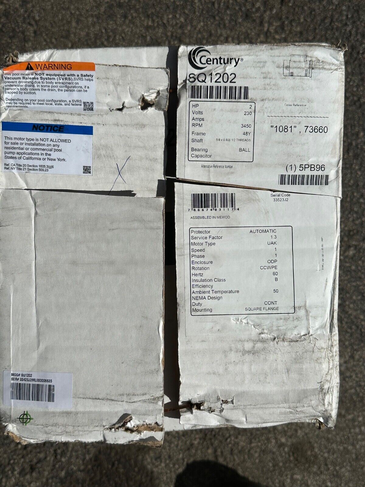 2 HP 3450 RPM 48Y Frame Square Flange 230V Pool Motor Century # SQ1202