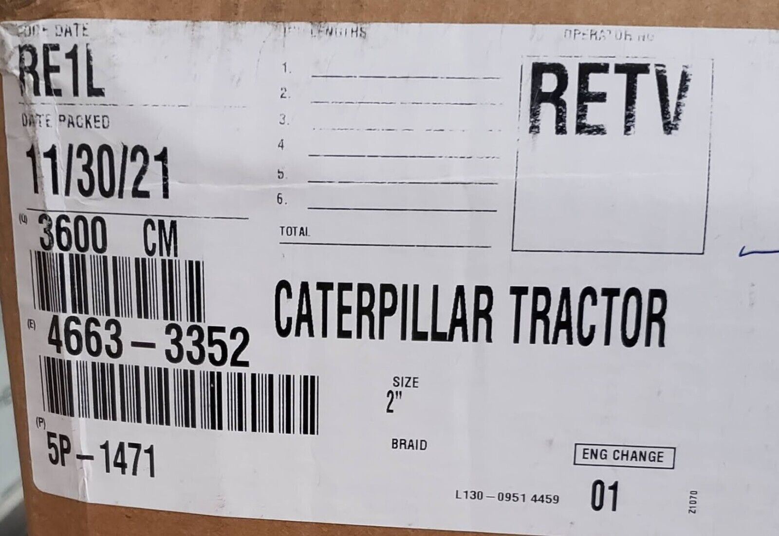 Caterpillar 5P-1471 2" Hose 3600CM For Tractors & Wheel Loaders