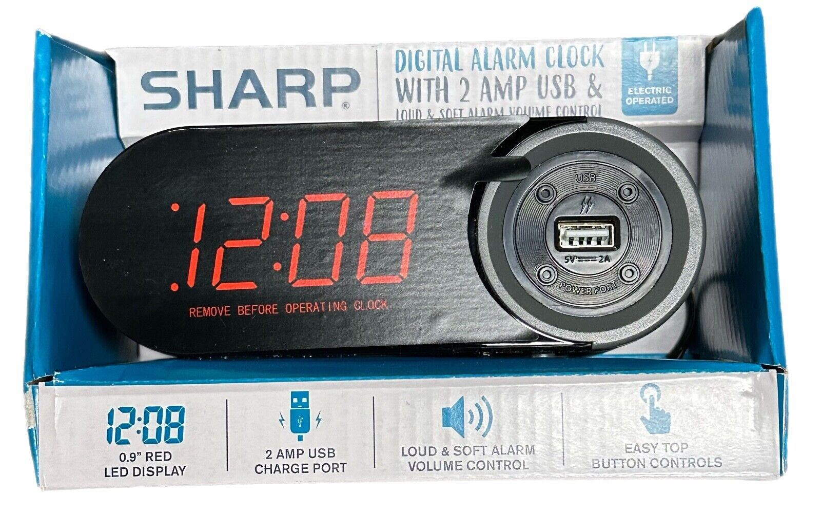 Sharp Digital Alarm Clock, 2 AMP High-Speed USB Charging Port, SPC547