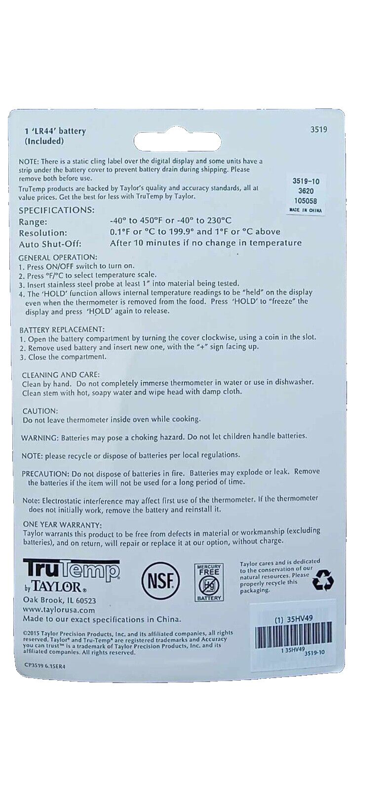 TAYLOR Pocket Test Thermometer Temp Test, LCD, 4 in 35HV49