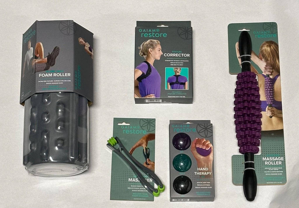 Gaiam Restore 5pc Recovery Kit Posture Corrector Foam Roller Massagers Hand Tool