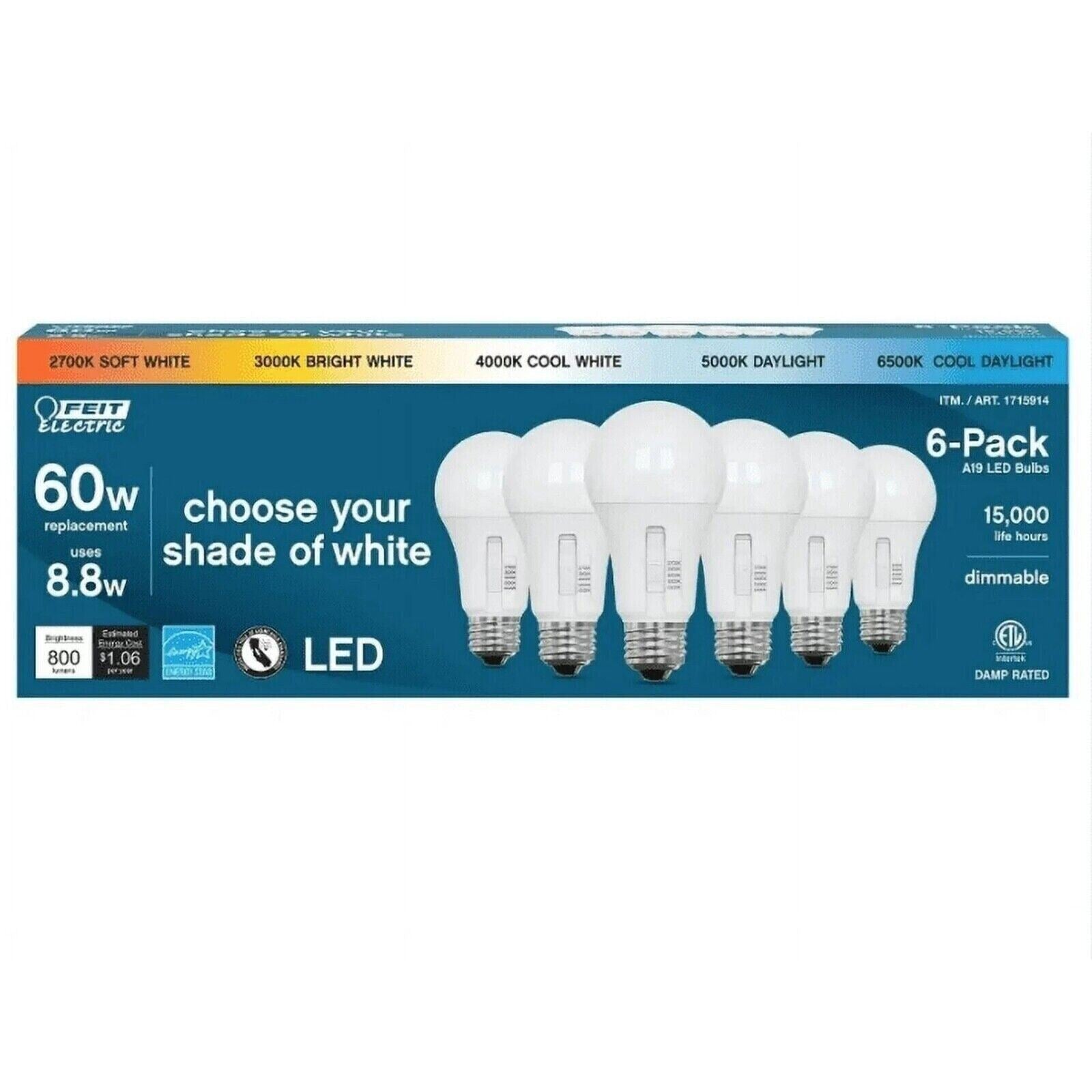 Feit Electric 60 W A19 E26 Dimmable LED Bulb 800 Lu 6 pk 1715914