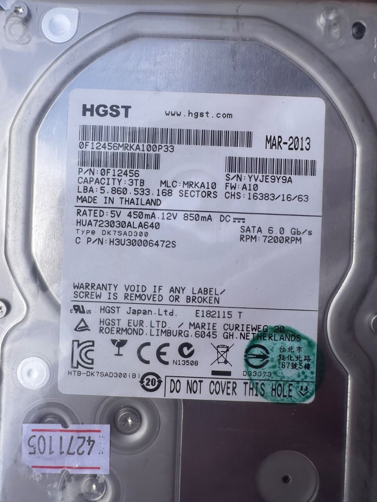HGST HUA723030ALA640 3TB 7.2K 64MB 3.5 SATA 6Gb/s Hard Drive 50 pcs"