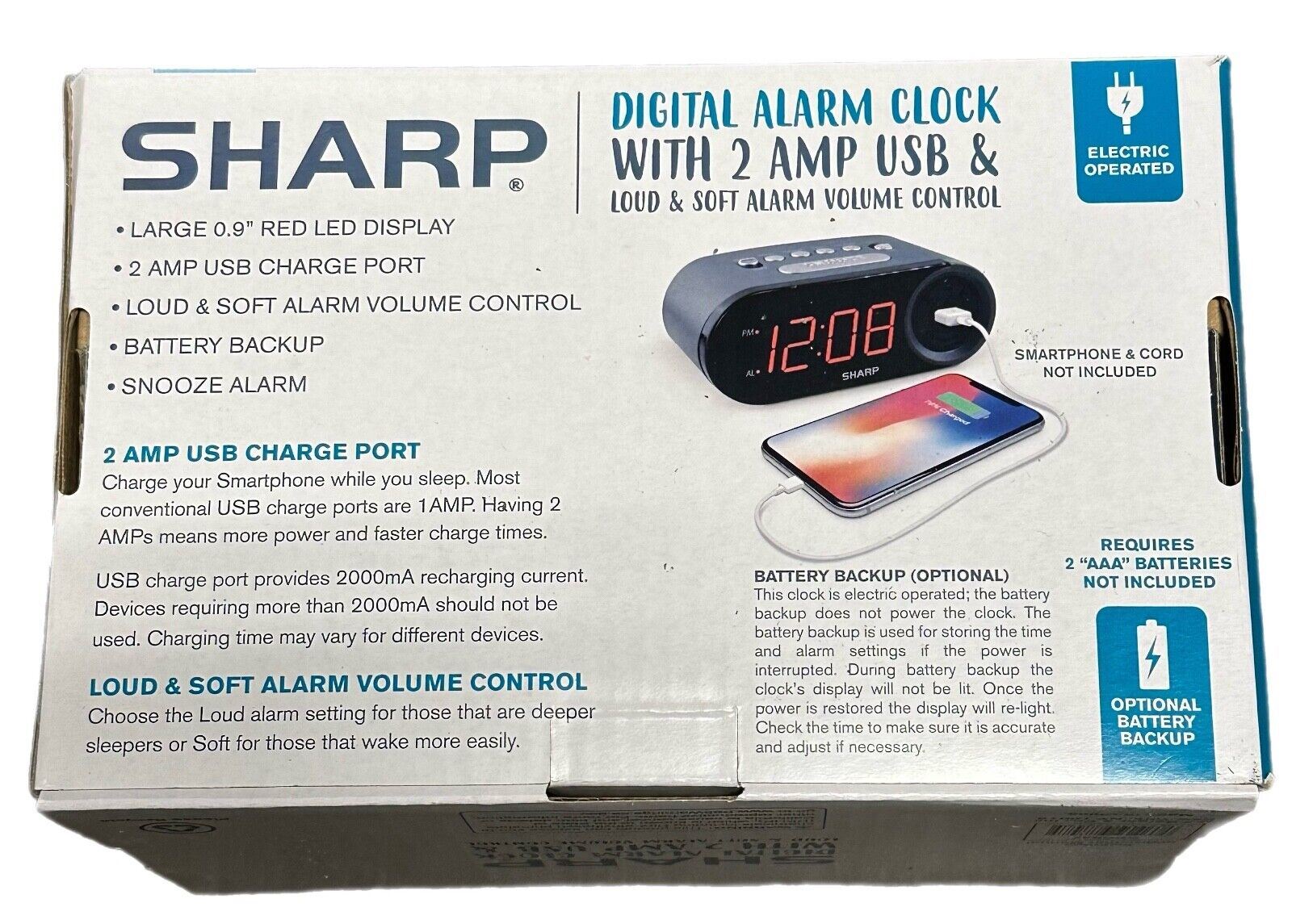 Sharp Digital Alarm Clock, 2 AMP High-Speed USB Charging Port, SPC547