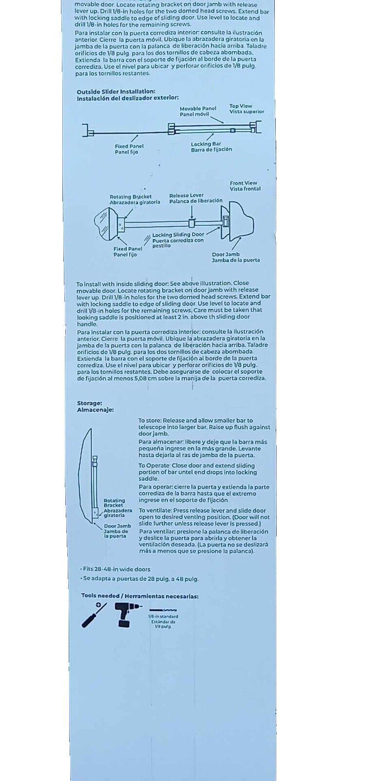4 RELIABILT 28"-48" Adjustable Aluminum Sliding Patio Door Security Bar U 9921-L