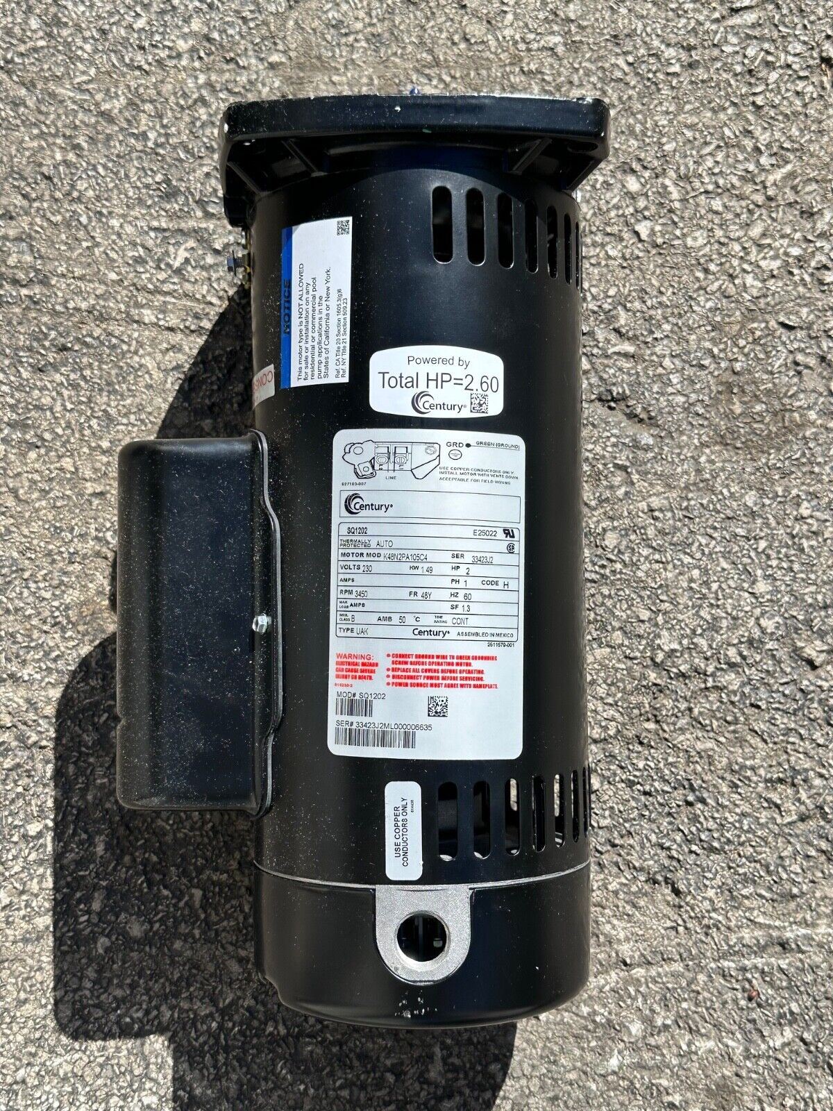 2 HP 3450 RPM 48Y Frame Square Flange 230V Pool Motor Century # SQ1202