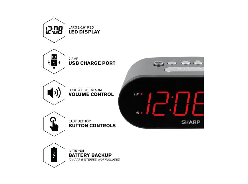 Sharp Digital Alarm Clock, 2 AMP High-Speed USB Charging Port