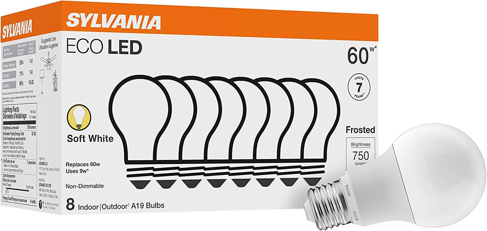 SYLVANIA ECO LED Light Bulb, 60W, 9W, 750 Lumens 3-8 Packs ecoled9a19f8507yvrp8