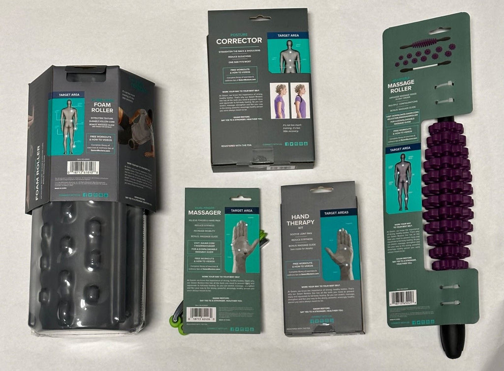 Gaiam Restore 5pc Recovery Kit Posture Corrector Foam Roller Massagers Hand Tool