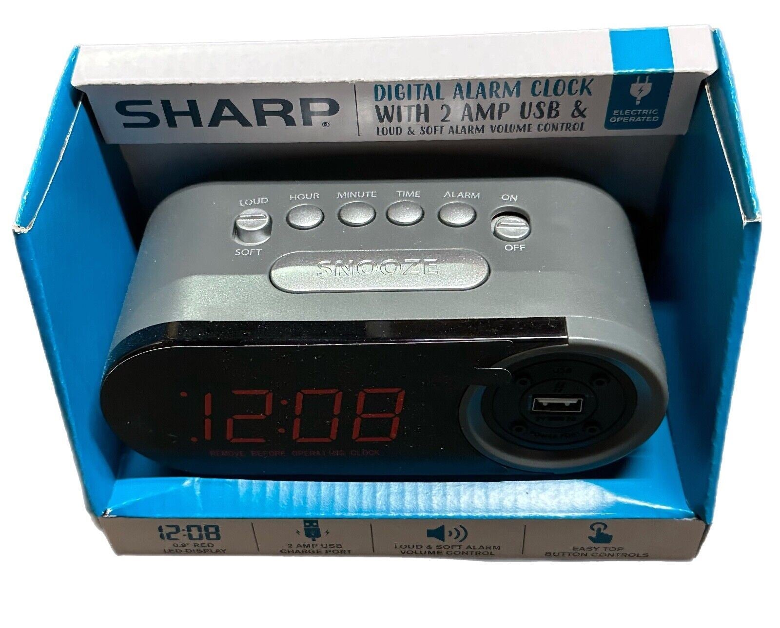 Sharp Digital Alarm Clock, 2 AMP High-Speed USB Charging Port, SPC547