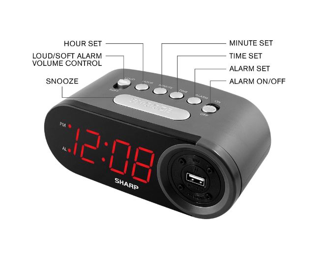 Sharp Digital Alarm Clock, 2 AMP High-Speed USB Charging Port